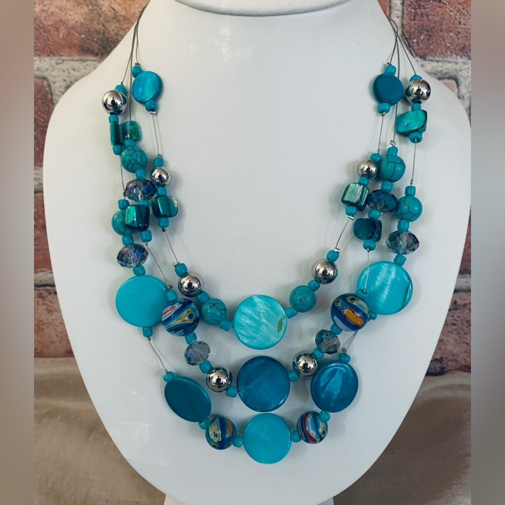 Turquoise Stone Murano Glass Bead and Shell Triple Strand Statement Necklace